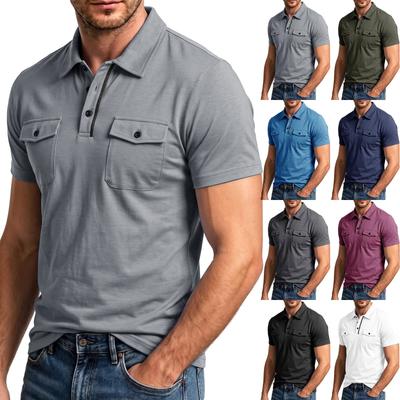 Cămașă casual cu mânecă scurtă pentru bărbați, croială slim, ușoară, respirabilă, tip polo, cu buzunare duble pe piept, stil workwear