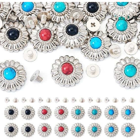 Magibeads 16 Sets Alloy Leather Rivets 16mm Round Turquoise Screw Back Buttons Flat Round Flower Buckle Engraved Western Decorative Rivets for Bag серебряный