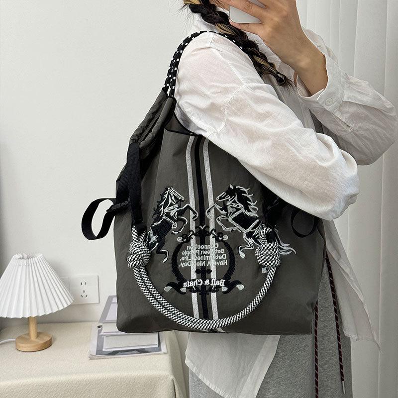 Large Capacity Women's Embroidered Foldable Tote & Crossbody Nylon Handbag