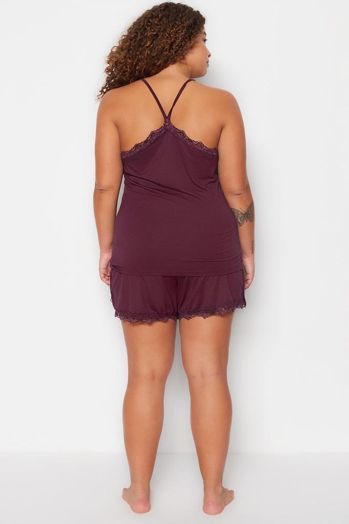 Damenstil Übergröße Pflaume Träger Gestrickt Spitze Detailliert Pyjama Set