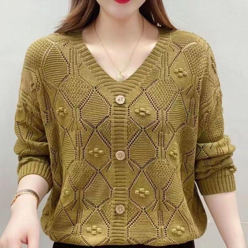 Autumn Casual Fashion Hollow Long-sleeved Pullover Sweater V-neck Loose Large Size Slim Solid Color Button Bottoming Top