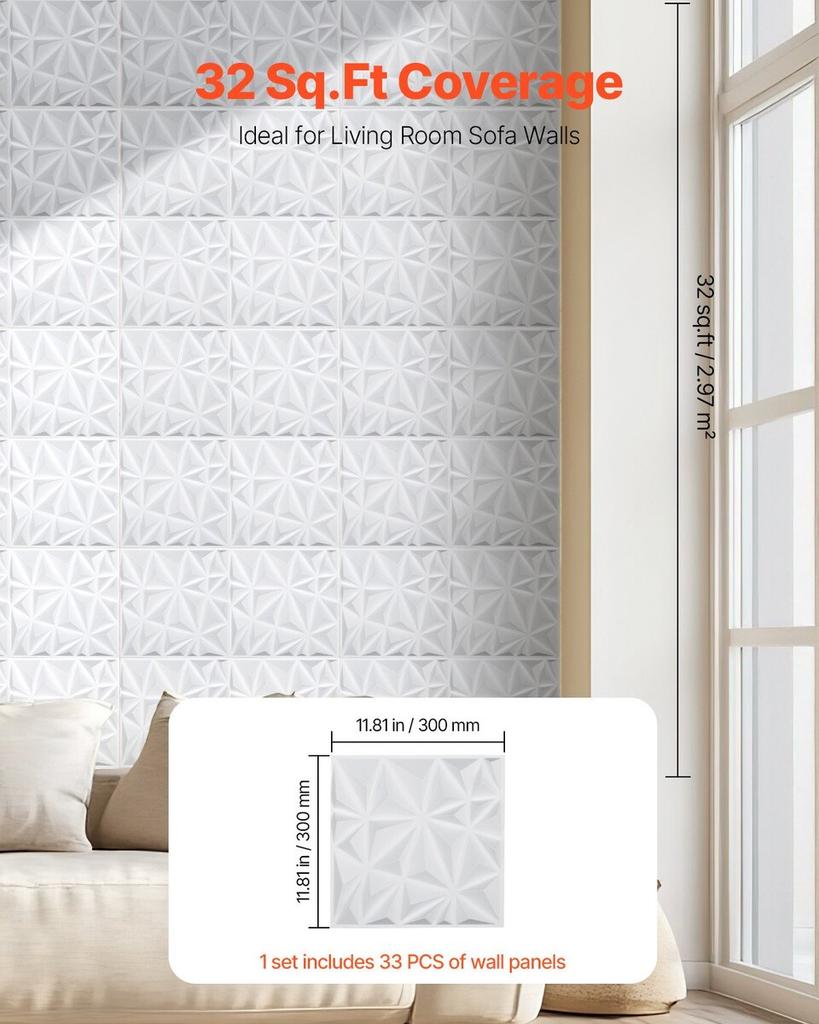 3D Wall Panels 33-Pack 11.81x11.81'' PVC 32 Sq.Ft Coverage Diamond White