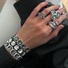 Punk Trendy Luxury Silver Edging Geometric Square Acrylic Imitation Gemstone Bead Elastic Bracelet Ring Sets for Men Jewelry