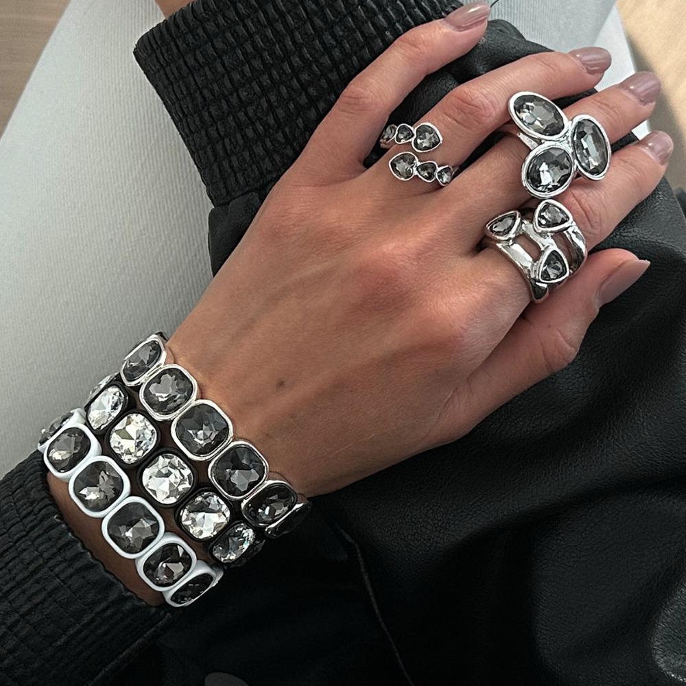 Punk Trendy Luxury Silver Edging Geometric Square Acrylic Imitation Gemstone Bead Elastic Bracelet Ring Sets for Men Jewelry