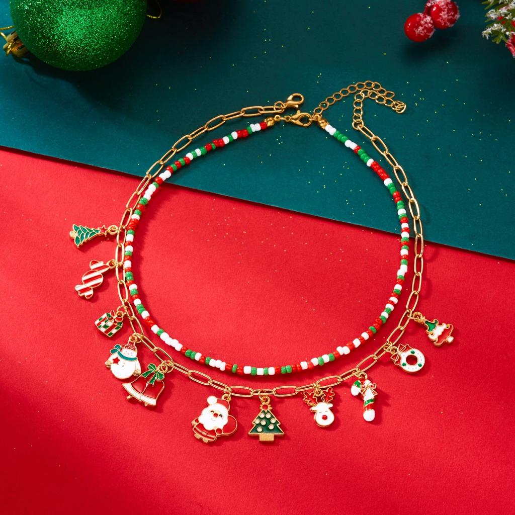 Christmas Snowflake Gingerbread Tree Pendant Necklace Snowman Reindeer Bell Soft Clay Crystal Beads Fringe Choker For Women Men