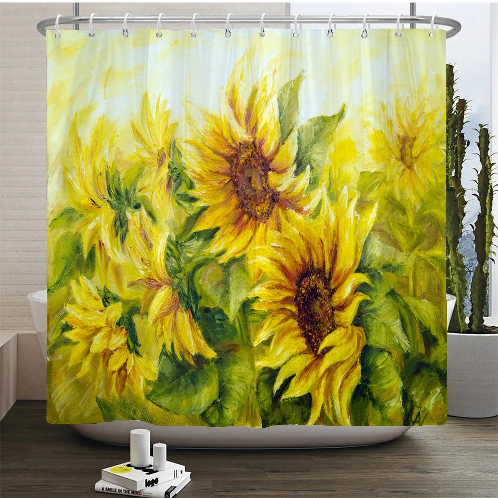 3d Sunflower Yellow Flowers Shark Shower Curtains Bathroom Waterproof Bath Curtain Polyester Cloth With Hooks Decor Bath Screen