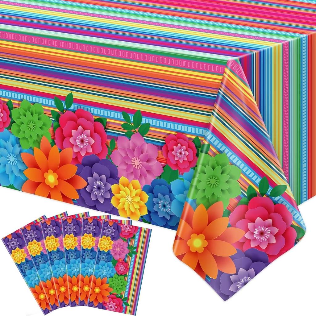 4PCS Mexican Holiday Theme Table Cloth Mexican Fiesta Tablecloths Cinco De Mayo Table Cover Mexico Colorful Striped Paper Flower Table Cloth for