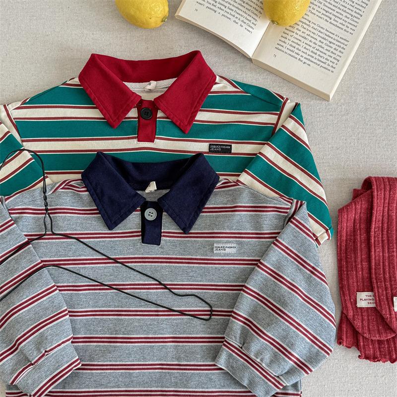 Spring Baby Boys Striped Polo Shirts Long Sleeve Tops Korean Style Toddlers Kids Casual T-shirts