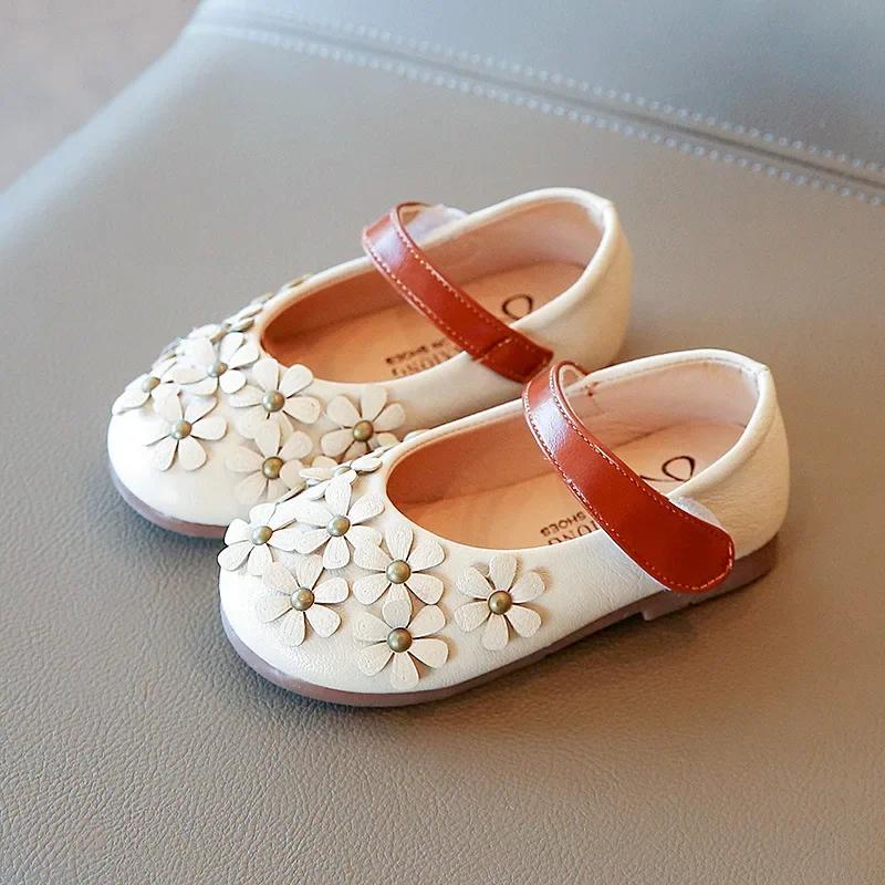 Spring New Little Girls Leather Shoes Baby Girl Flower Mary Janes Shoes Soft Sole Kids Girl Fashion Princess Shoes I07053