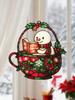 Acrylic Window Hanging Ornament - Cute Snowman Reading Book, Red & Green Teacup Design, Festive Decor for Xmas Tree & Home Decor