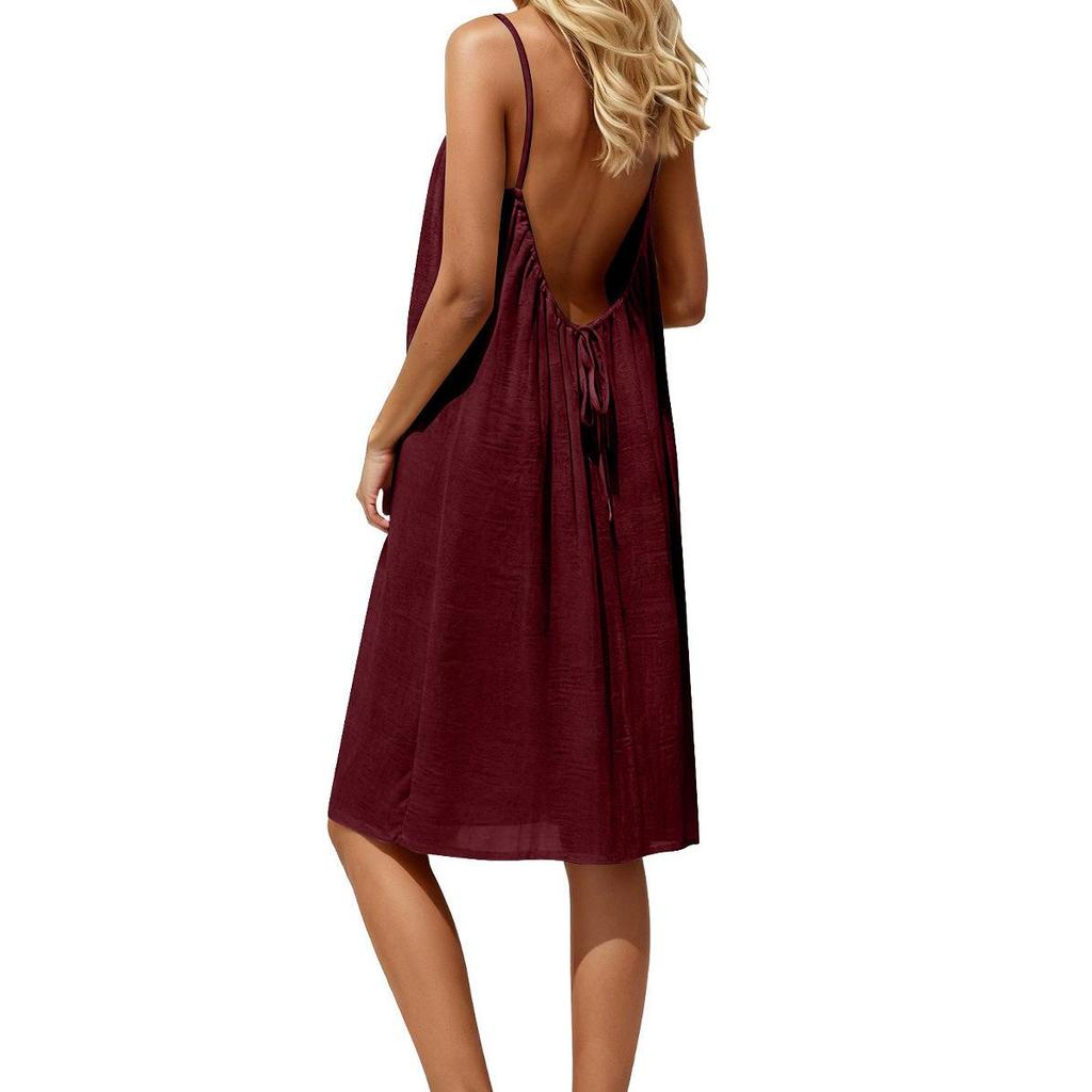 2026 European & American Ice Silk Pleated Drawstring Backless Camisole Mini Skirt Beach Dress for Women
