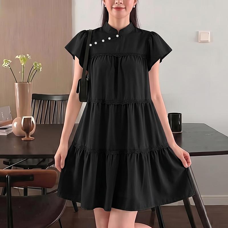 ZANZEA Women Elegant Casual Stand Collar Solid Color Loose Short Sleeve Dress