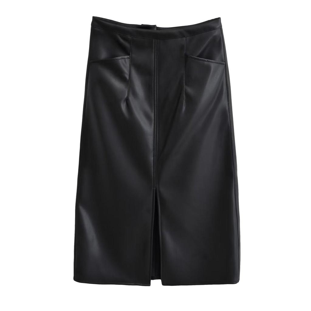 Slimming PU Leather High Slit Midi Skirt - Retro High Waist Hip-Hugging Style