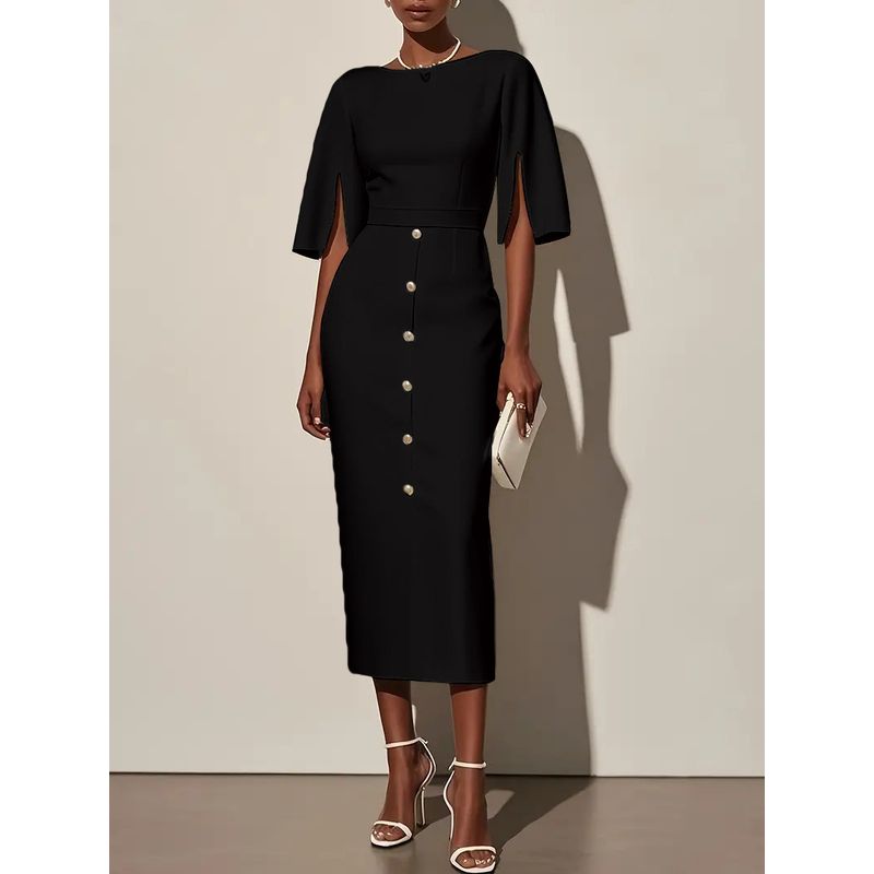 

2025 European and American New Summer Solid round Neck Waist Hugging Split Button Decoration Dress Women Black XXL