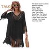 Beach Cover Up Dress V-Neck Woven Hollow Neckline Fringed Cuffs Hem Bikini Cover Up UV Protection Beach Dress