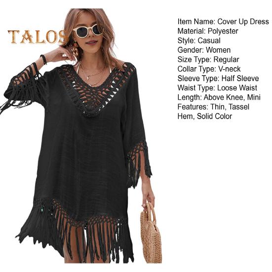 Beach Cover Up Dress V-Neck Woven Hollow Neckline Fringed Cuffs Hem Bikini Cover Up UV Protection Beach Dress