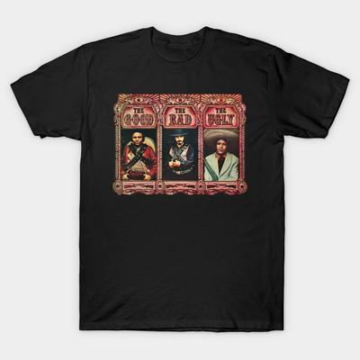 Camiseta negra con estampado para hombre, camiseta de gran tamaño, camiseta de algodón con estampado de papel de transferencia sin cortes "the-good-the-bad-the-ugly"