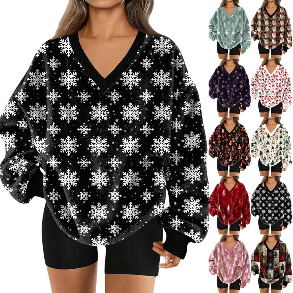 Women's V-Neck Sweatshirt Plush Solid Color Casual Fashion Long Sleeve With Pocketed Pullover Top