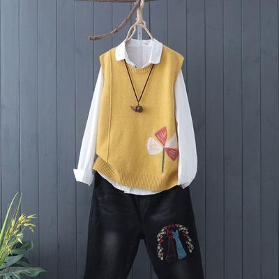 Four Leaf Clover Embroidered Knitted Vest Women's Round Neck Solid Color Knitted Pullover Loose Sleeveless Sweater Commute Harajuku Style Autumn