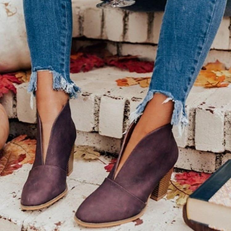 Europäische und amerikanische Mode Slip-on Nude Kurze Stiefel Damen, Grenzüberschreitend, Große Größe, Dicker Absatz