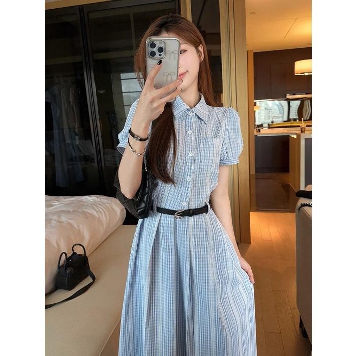 (original practice + belt) French temperament blue feeling super good-looking and thin summer new shirt skirt
