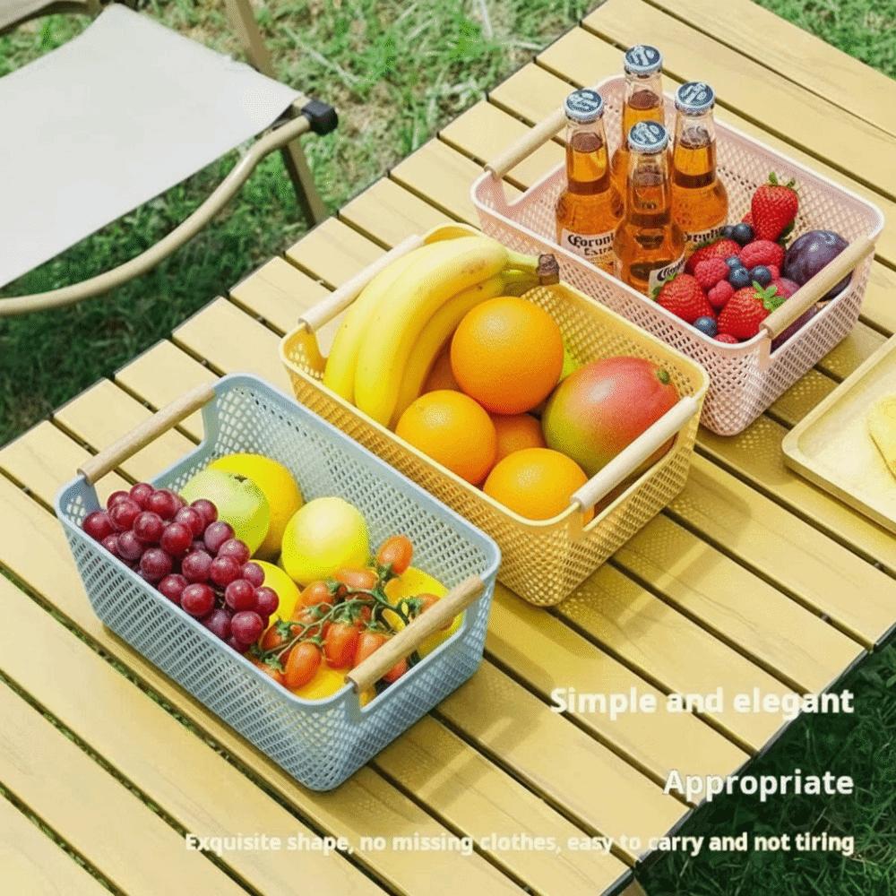 Cesto Contenitore Vuoto in Plastica Manico in Legno Cesto Multifunzione per Oggetti Vari Cesto Rettangolare in Rete Intrecciata ad Alta Capacità