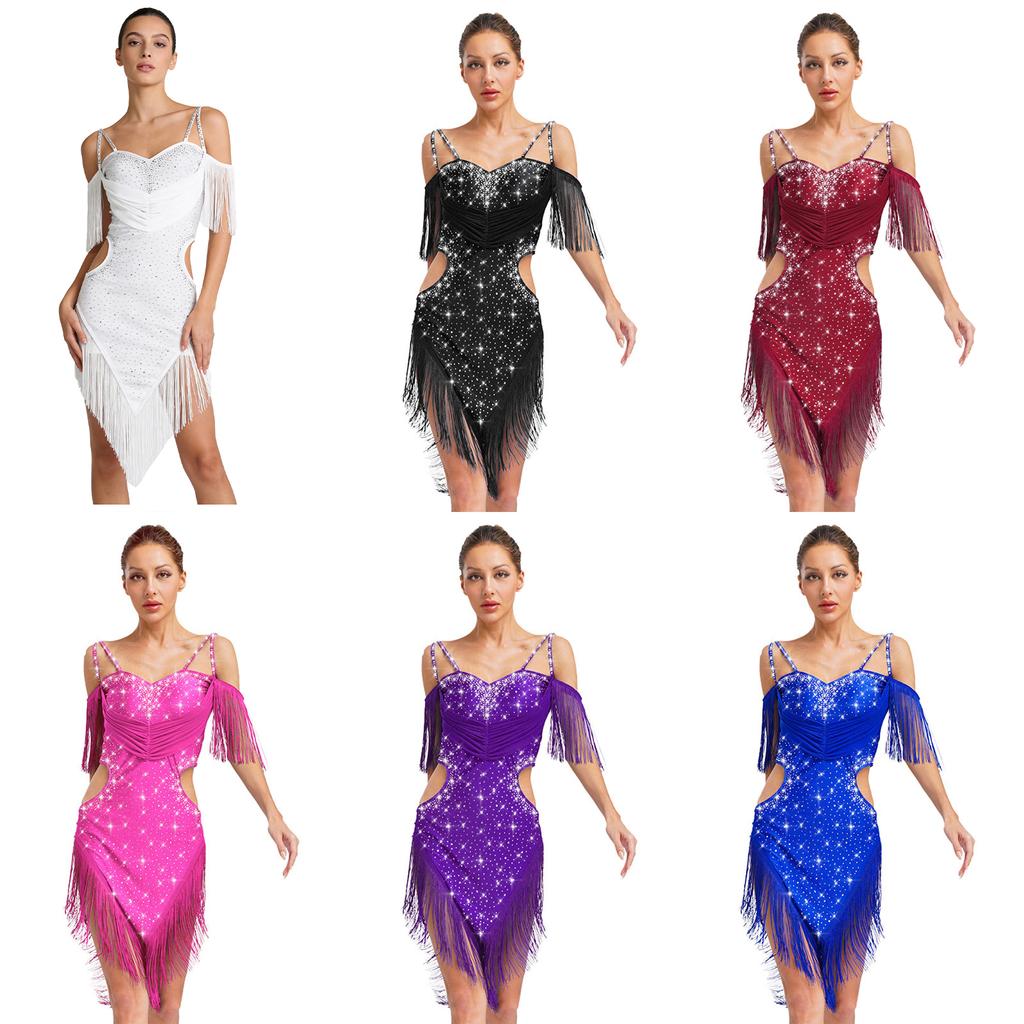Women Latin Dance Cha Cha Tango Performance Costume Cutout Backless Spaghetti Straps Fringe Shiny Rhinestones Dress