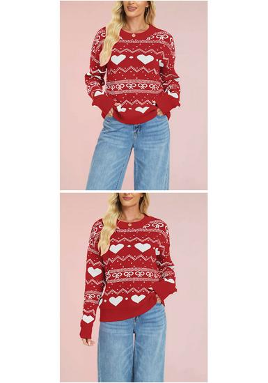 European & American Style Valentine's Heart Pattern Women's Casual Long Sleeve Knit Sweater