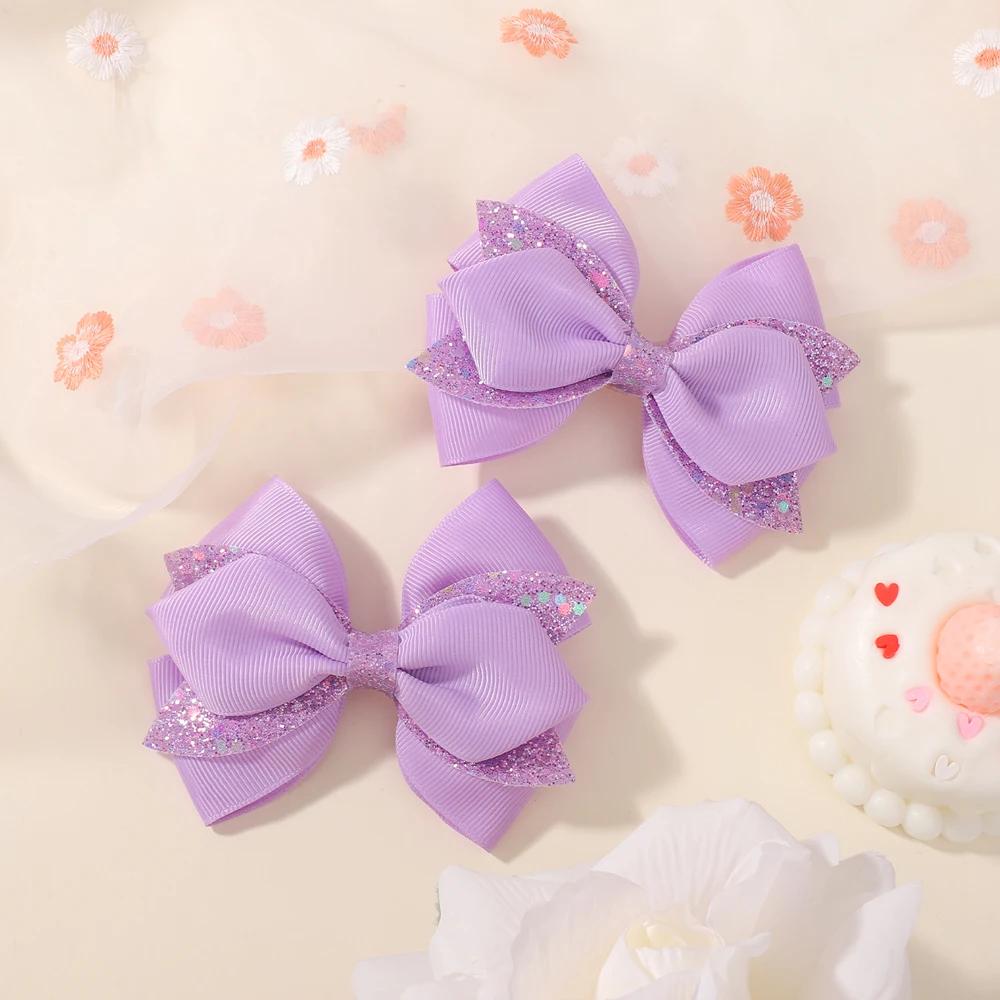 2Pcs/set Colorful Party Bowknot Ribbon Hair Clips for Girl Glitter Hair Bangs Hairgripes Lovely Solid Color Barrette