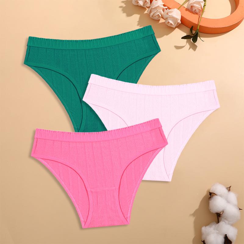 FINETOO 3Pcs/Set Cotton Striped Stretchy Underwear Women's Low Waist Panties Sexy Elastic Wide Belt Solid Color Briefs Comfort Lingerie