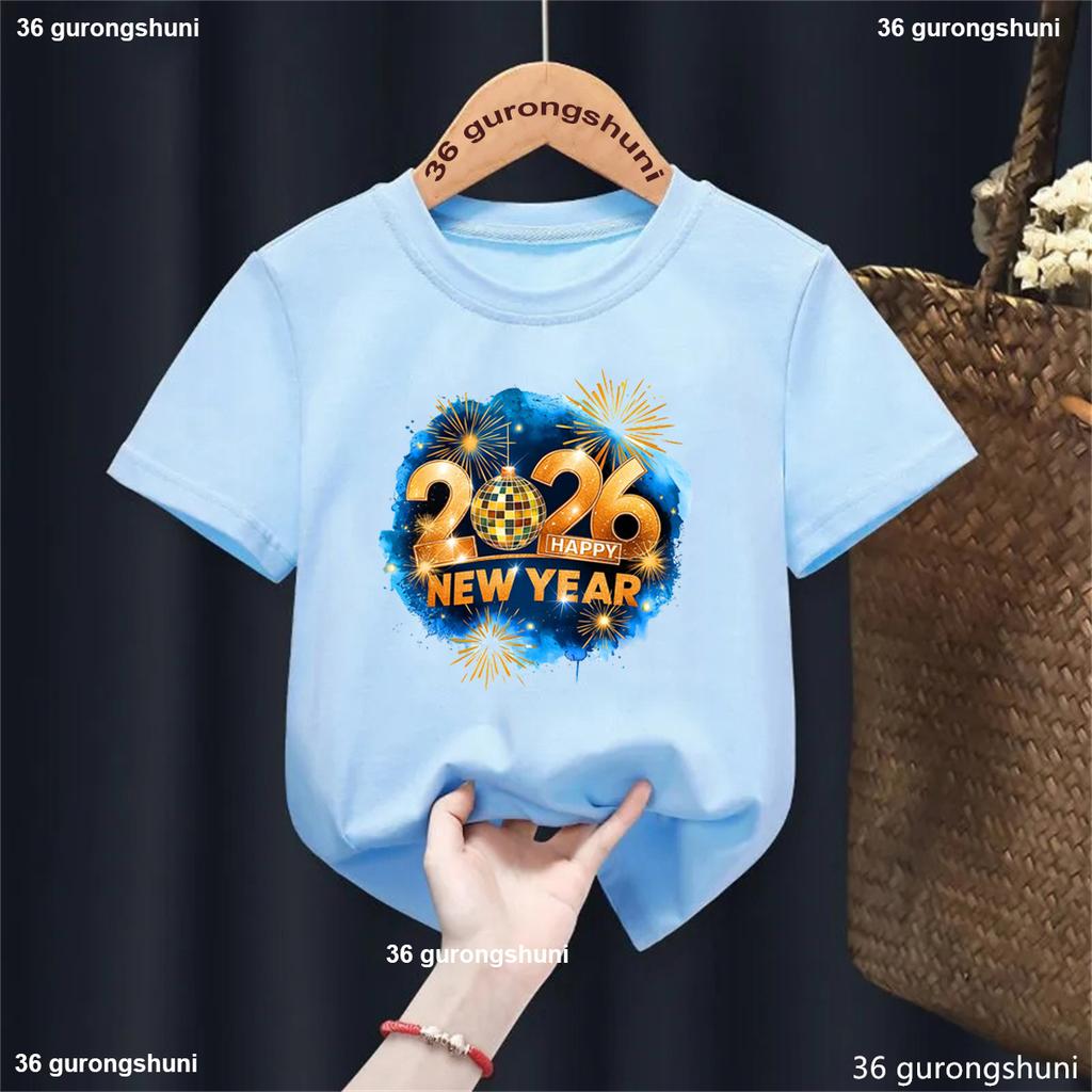 Happy New Year! Sparkling Gold 2026 Printed T-shirt Fashion Girls/Boys New Year Winter Holiday T-shirt Kids New Year Gift Tops