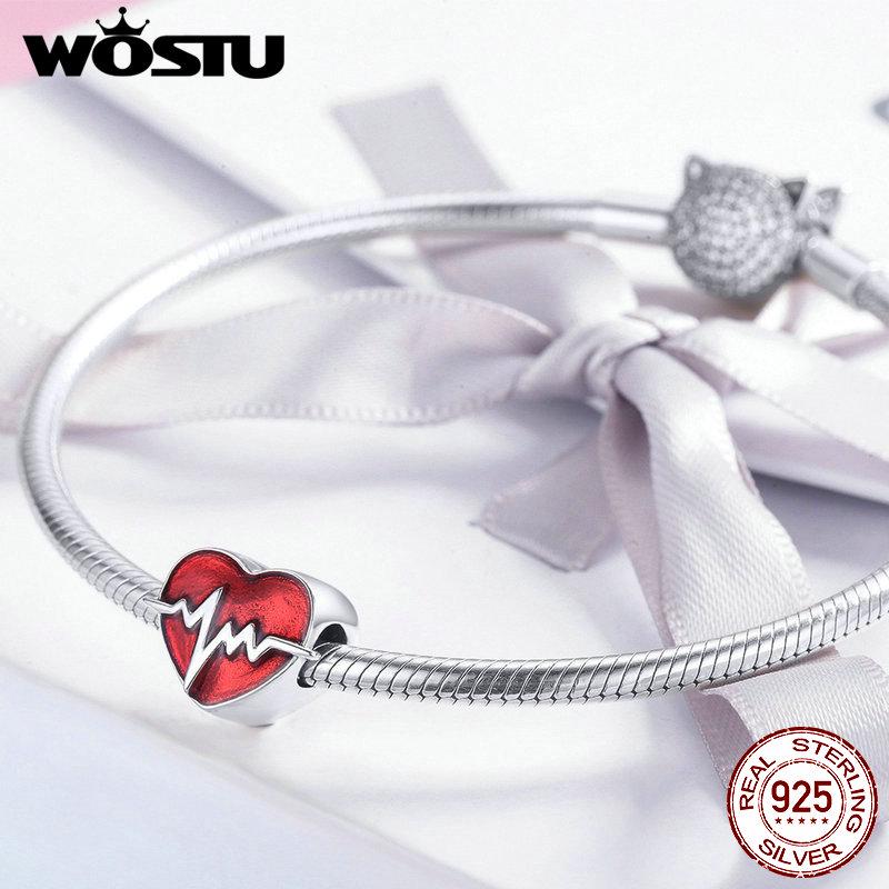 WOSTU 925 Sterling Silver Heartbeat Heart Beads Red Enamel Charms Fit Original Bracelet Heart Charm