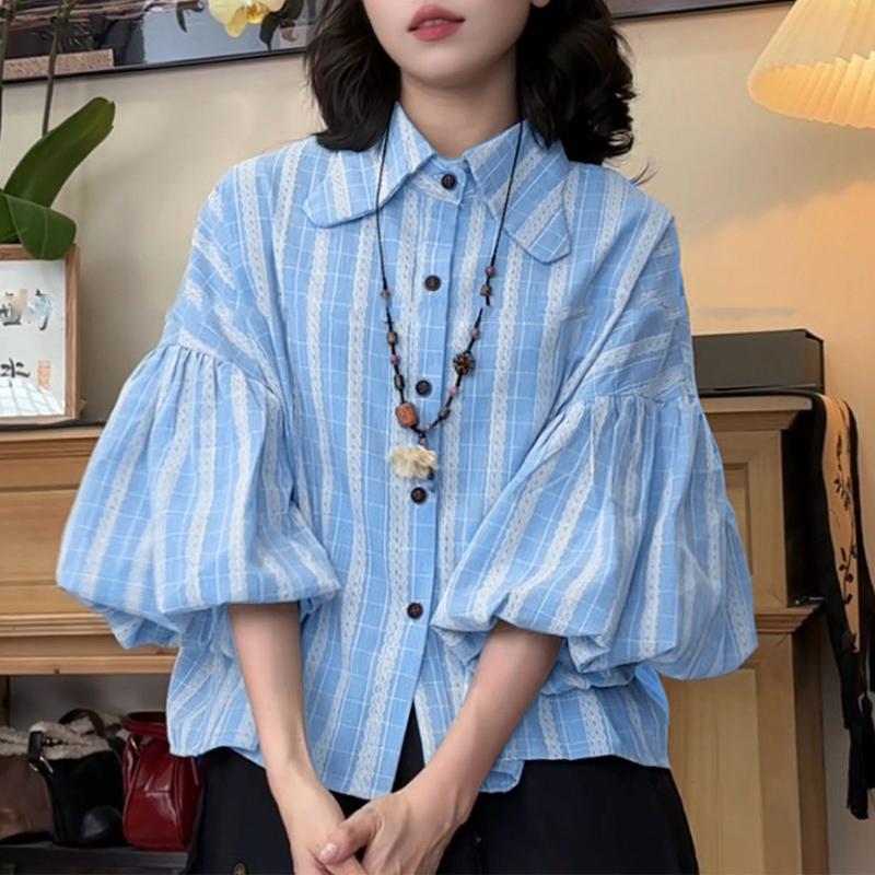 

ZANZEA Women Casual Turn Down Collar Lantern 3/4 Sleeve Loose Print Blouse 5XL синій