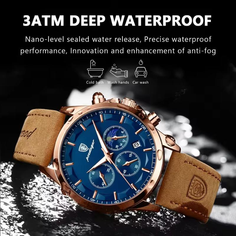 POEDAGAR Luxury Man Wristwatch Sports Leather Quartz Watch Waterproof Luminous Calendar Chronograph Watches Male Clock