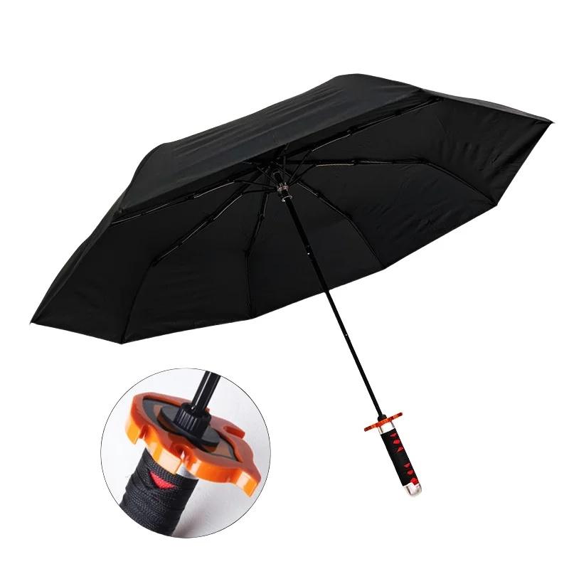 Long Kamado Tanjirou Katana Umbrella Handle UV Blocking Black Parasol Anime Demon Slayer Japanese Katana Sword Umbrella Raincoa