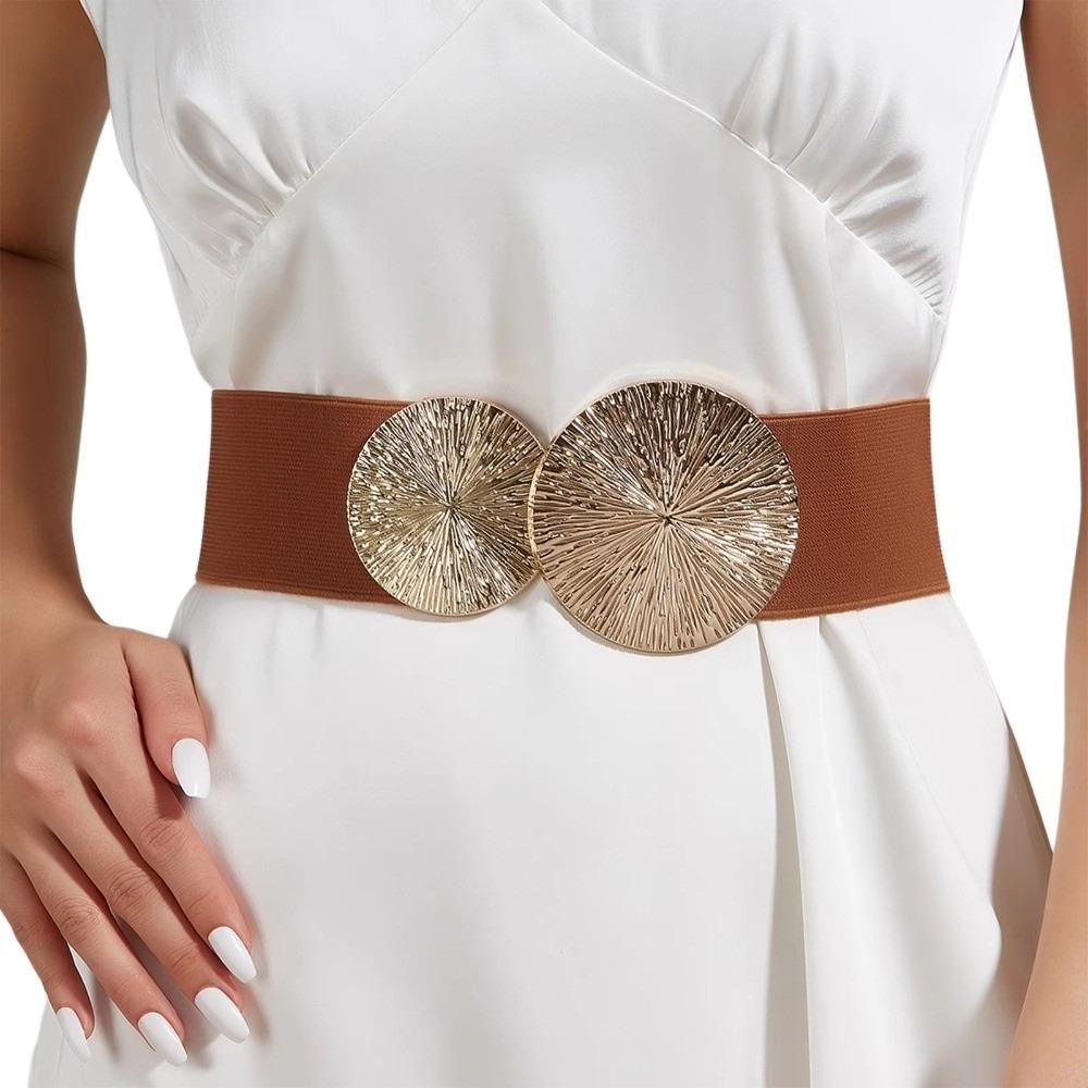 Solid Color Women Waist Belt Waistband Slimming Wide Elastic Belt Coat/Dress Accessories Chunky-Gold Discs Round Belts