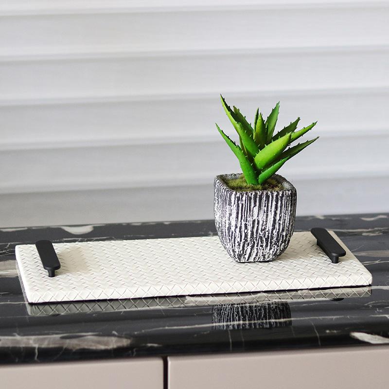 Modern Light Luxury Rectangular Woven Leather Tray Ornaments for Home Living Room and Bedroom Double Handle Storage Tray Accessories