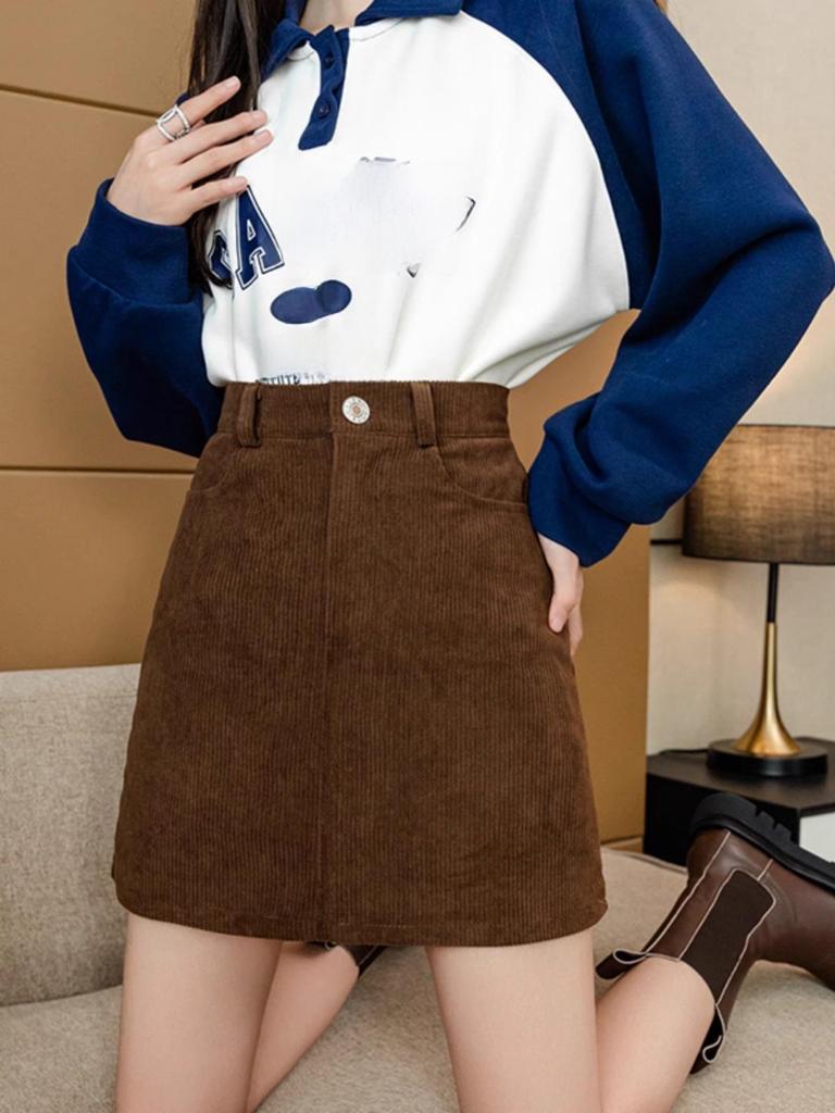 High Waist A-Line Corduroy Skirt - Women's 2023 Autumn/Winter Collection (Korean Style, Coffee Color)