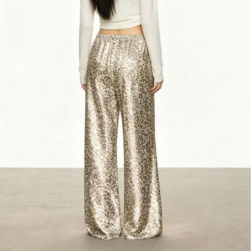 Womens Leopard Print Wide Leg Pants Loose Straight Trousers Casual Comfortable