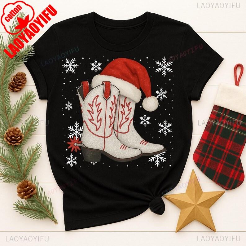 New Year Xmas Cowboy Boots Christmas Holiday TShirts Mugs Western Decor Printed Tshirt Tops Funny Unisex Cotton Tee Top