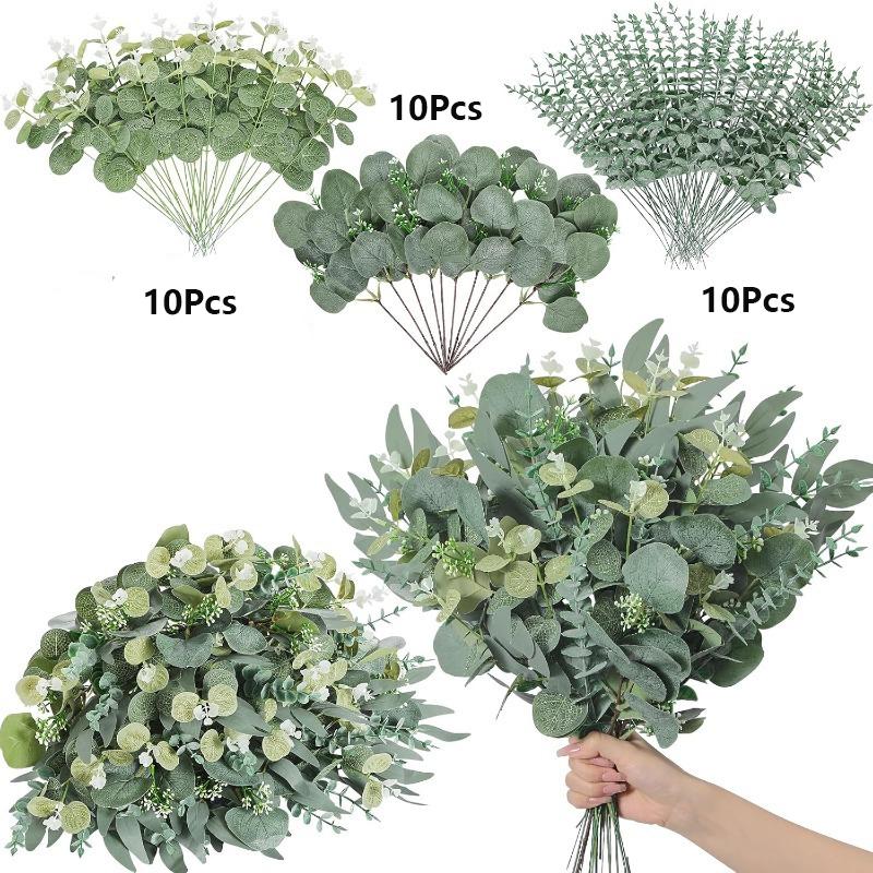 

30 шт. Зеленые стебли искусственных листьев эвкалипта, искусственные растения для сада, домашнего декора, свадебного декора невесты, рождественский цветочный букет 30Pcs зелёный