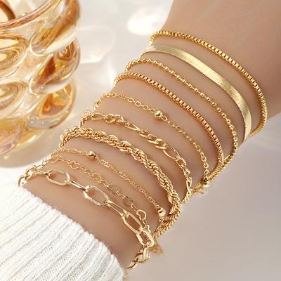10 Stück Vintage Statement Goldfarben Flache Schlangenkette Kastenkette Armband Boho Mehrlagiges Metallarmband Damen Sommer Schmuck