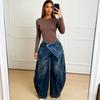 Wide Leg Pants Women Vintage Denim Jeans Punk Style Loose Trousers Stretch Mid Waist Washed Distressed