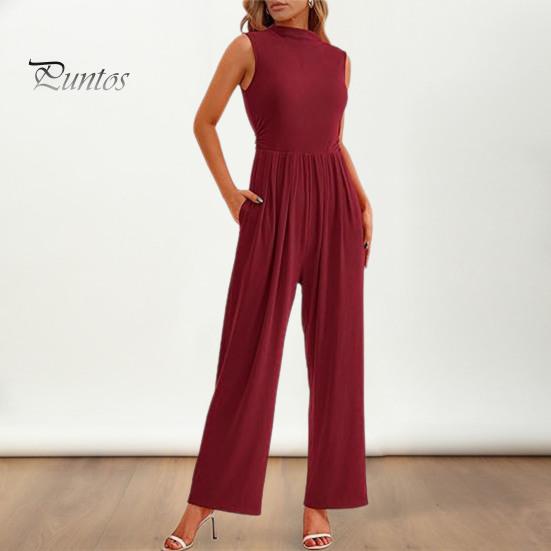 

Женский деловой комбинезон без рукавов, плиссированный полувысокий воротник, сплошной цвет, широкие брюки, прямые карманы с высокой талией, глубокий промежность, женский летний комбинезон для поездок на работу