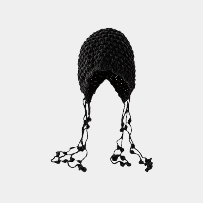 Hand-woven Hollow Bald Hat Warm Wool Hat Women's Ethnic Style Fringed Ear Protector Knitted Hat