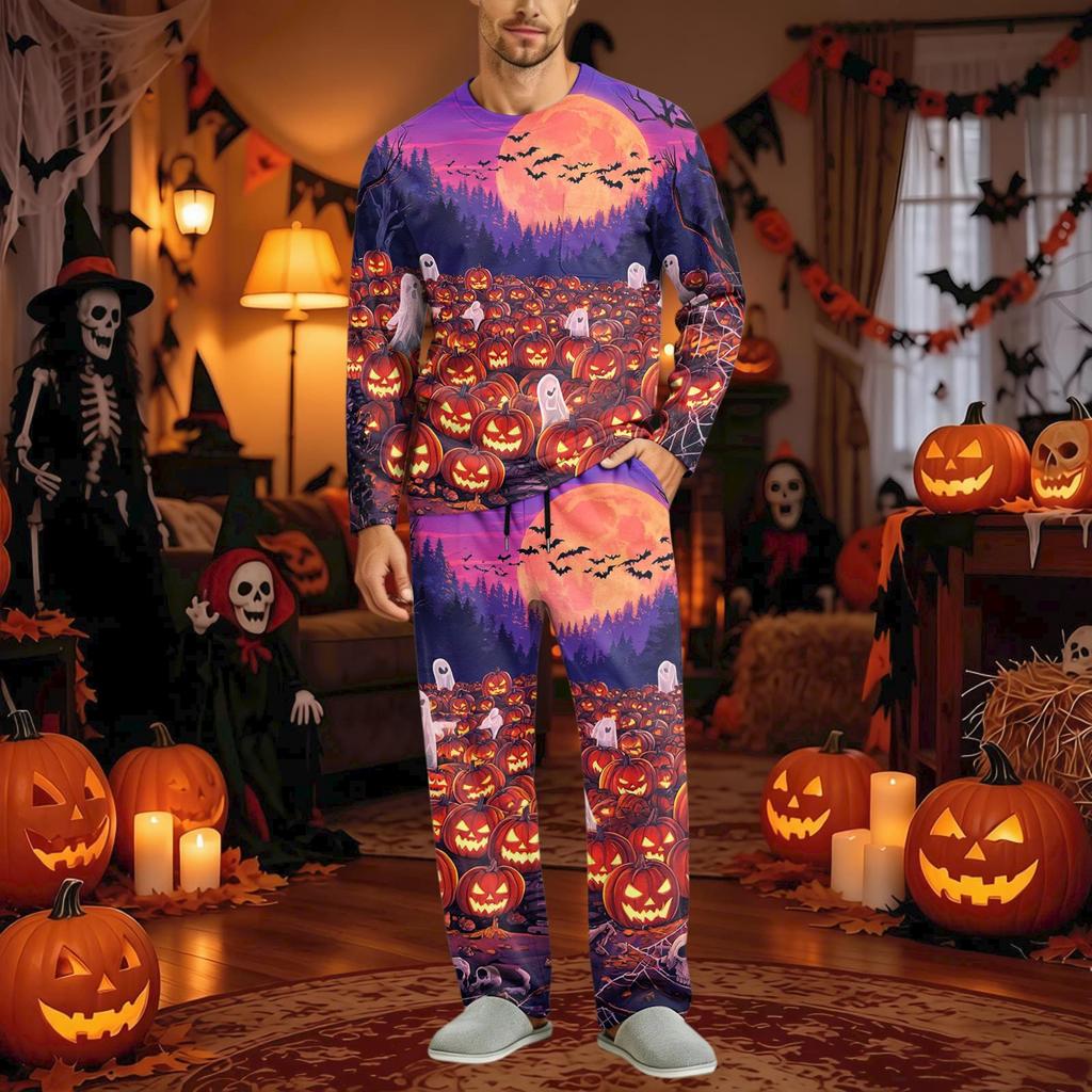 Men's Halloween Pajama Set Long Sleeve Long Pants with Crotch Buttons and Elastic Drawstring Waist