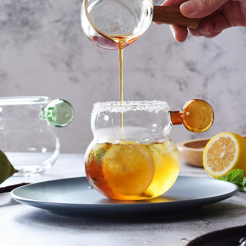 Cute Gourd-Shaped Borosilicate Glass Cup with Spherical Handle for Cold Drinks