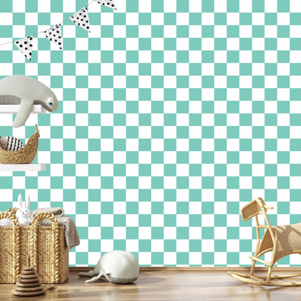 Checkerboard Wallpaper White, Sea Green and Mint for Living Room and Bedroom 50x1000
