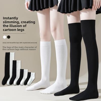 Women's Autumn and Winter Pure Cotton Calf Socks, All-cotton Black Over-the-knee Socks, Women's Slimming Pressure Socks, Solid-colored Long Stockings