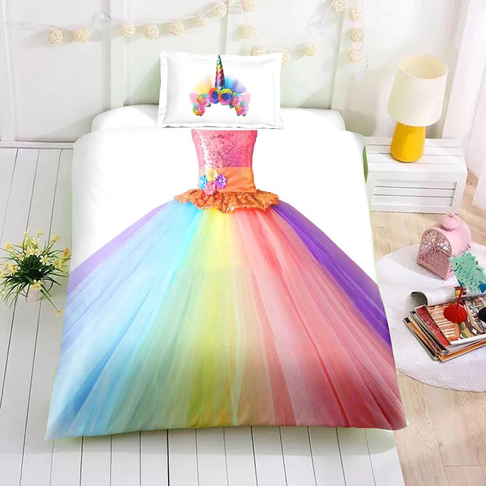 Print Unicorn Cute Skirt Quilt Cover Set Creative Personality Cartoon Bedding Astronaut,Princess Dress Kids Twin Bedding Set